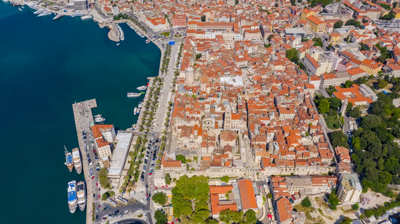 Aerial view of Split's old town and Diocletian's Palace on the Adriatic, with the harbour and Marjan hill